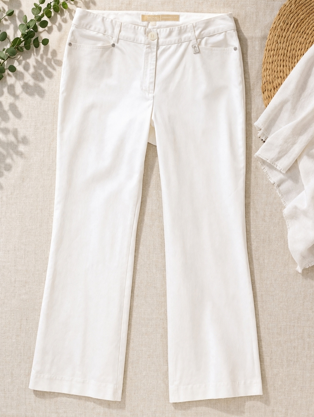 Michael Kors Gramercy Fit White Stretch Pants Size 10 Straight Leg Ankle